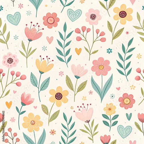 Wallpaper Mural Seamless pattern background with spring floral elements in simple flat hand drawn style in line. Cute vector background. Flowers, hearts. Easter, 8 march wallpaper, textile design, digital paper 
 Torontodigital.ca