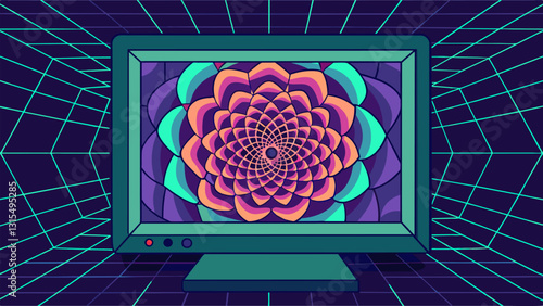 The screen lit up with a mesmerizing display of intricate fractal patterns generated in realtime by the quantum computers data processing capabilities.. Vector illustration