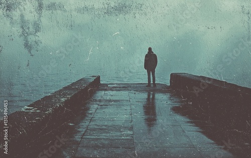 Solitary figure stands on a wet pier, looking out at a misty, teal-colored sea.  The image has a melancholic and contemplative mood. Dark, textured background