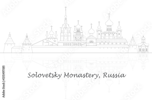 Outline panorama of Solovetsky Monastery, Russia - vector illustration