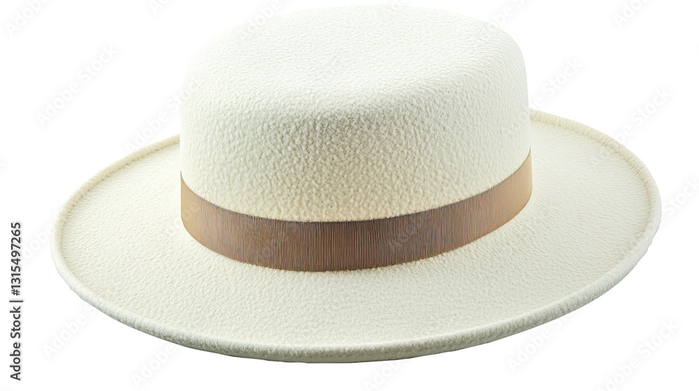 Cream boater hat, brown ribbon, studio shot, white background, fashion Cream boater hat, brown ribbon, studio shot, white background, fashion