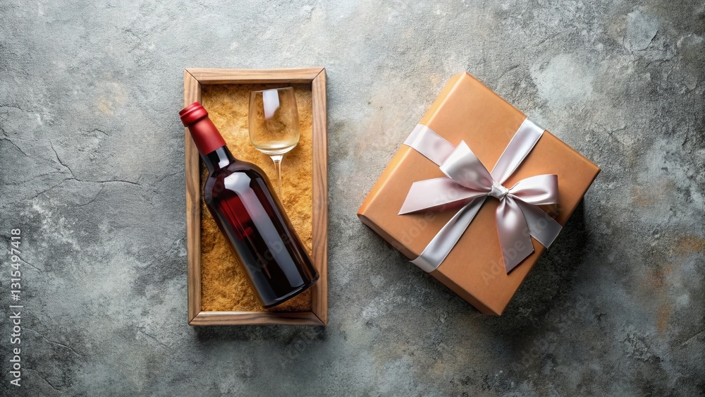 Elegant Wine Gift Box Flat Lay: Urban Concrete & Earthy Greens Elegant Wine Gift Box Flat Lay: Urban Concrete & Earthy Greens