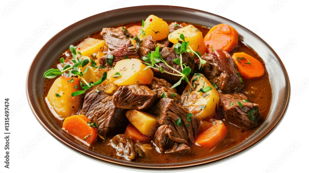 Delicious beef stew with potatoes and carrots warming in a bowl on transparent background Delicious beef stew with potatoes and carrots warming in a bowl on transparent background