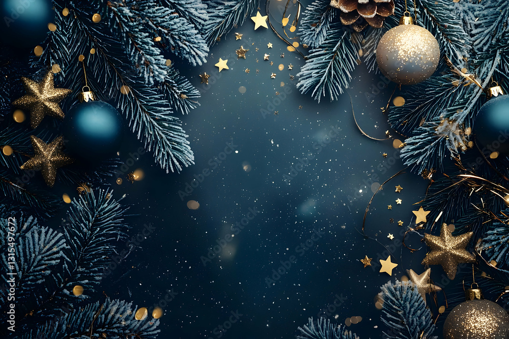 A festive Christmas and New Year banner with blue baubles, golden stars, and frosted pine branches, perfect for holiday promotions. A festive Christmas and New Year banner with blue baubles, golden stars, and frosted pine branches, perfect for holiday promotions.