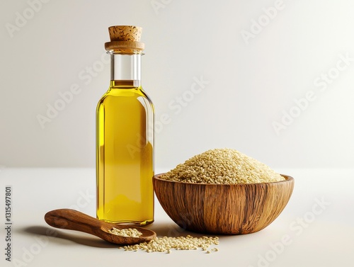 Isolated bottle of sesame seed oil, a versatile vegetable cooking alternative ideal for medicine, complementing wood kitchen aesthetics and enhancing healthy culinary creations.