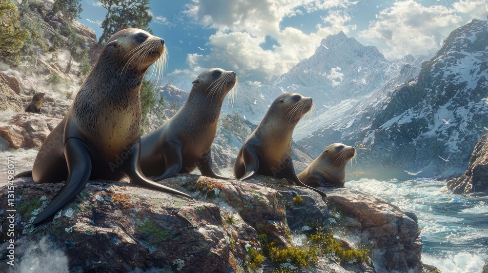 Fototapeta premium Four sea lions resting on rocks near a snowy mountain river.