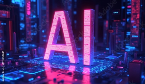 Illustration of an abstract futuristic background with digital technology and artificial intelligence concepts. The text 