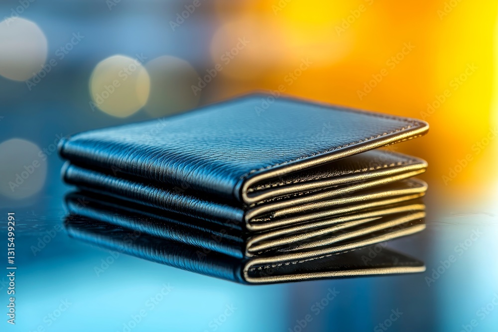 Reflecting Wealth: Elegant Black Leather Wallet on Reflective Surface Symbolizing Minimalist Financial Success Reflecting Wealth: Elegant Black Leather Wallet on Reflective Surface Symbolizing Minimalist Financial Success