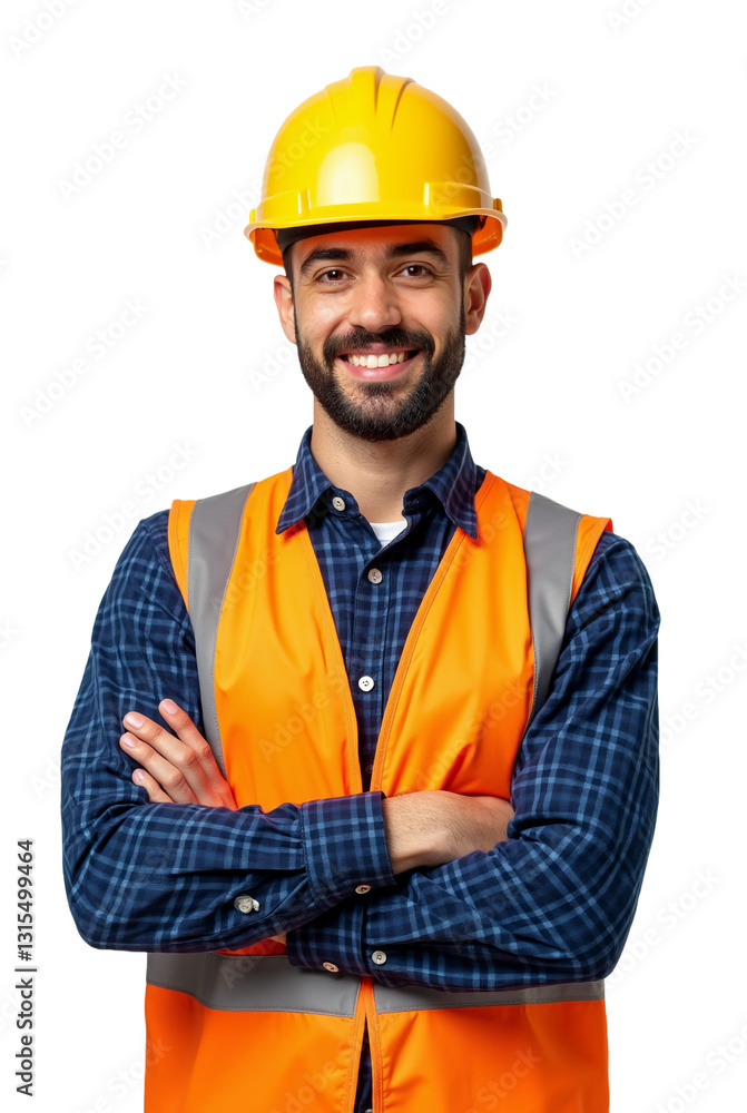 Trabalhador da construção civil engenheiro com colete e capacete para segurança fundo transparente Trabalhador da construção civil engenheiro com colete e capacete para segurança fundo transparente