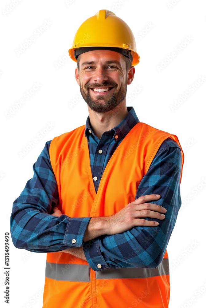 Trabalhador da construção civil engenheiro com colete e capacete para segurança fundo transparente Trabalhador da construção civil engenheiro com colete e capacete para segurança fundo transparente