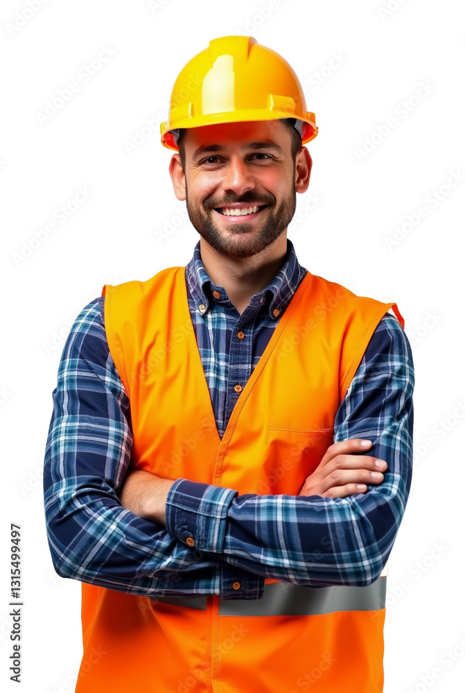 Trabalhador da construção civil engenheiro com colete e capacete para segurança fundo transparente Trabalhador da construção civil engenheiro com colete e capacete para segurança fundo transparente