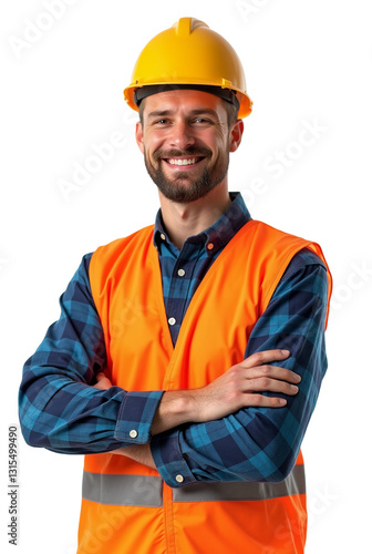 Trabalhador da construção civil engenheiro com colete e capacete para segurança fundo transparente