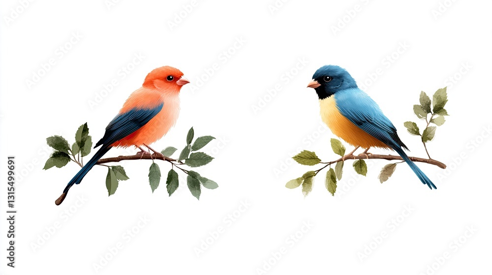 Two vibrant birds perched on branches with green leaves, isolated on white background. Two vibrant birds perched on branches with green leaves, isolated on white background.