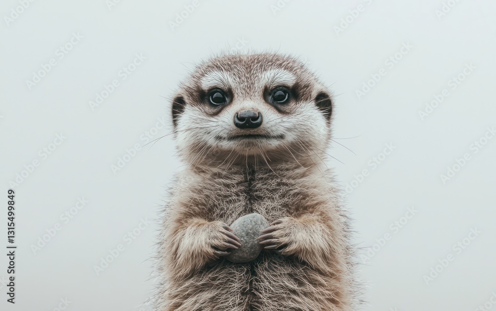 A small meerkat holds a grey stone, standing against a blurred, light-grey background. The meerkat's fur appears slightly wet or textured. The overall mood is calm and serene A small meerkat holds a grey stone, standing against a blurred, light-grey background. The meerkat's fur appears slightly wet or textured. The overall mood is calm and serene
