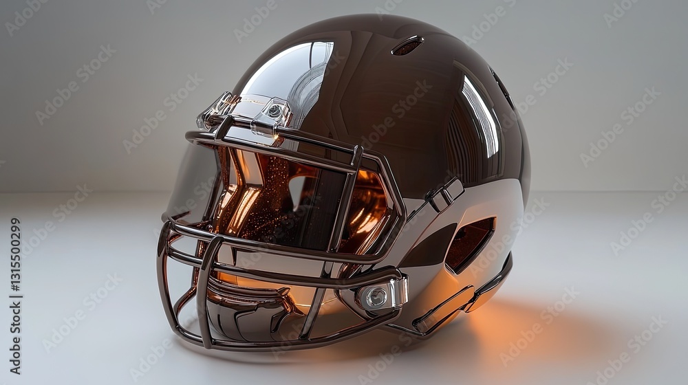 Gleaming brown helmet with metallic visor rests on a white surface, reflecting light in a studio setting, creating a powerful focus Gleaming brown helmet with metallic visor rests on a white surface, reflecting light in a studio setting, creating a powerful focus