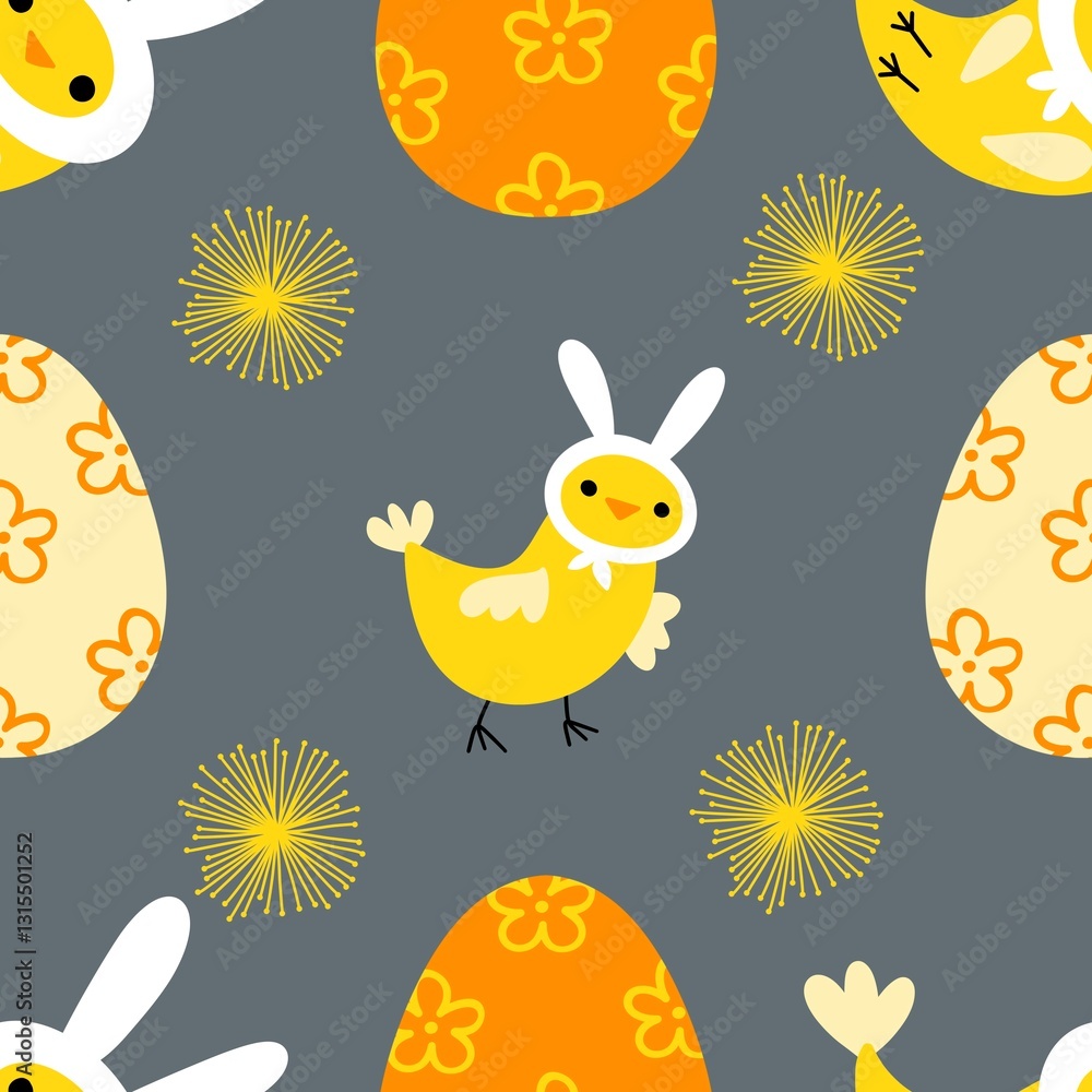 Easter chicken and eggs seamless birds pattern for wrapping paper and fabrics