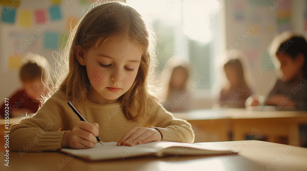 Young girl focused in classroom during test Young girl focused in classroom during test