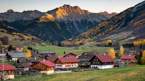 Wallpaper Mural scenic mountain village with wooden houses surrounded by green valleys and golden sunlight creating a peaceful countryside view   Torontodigital.ca
