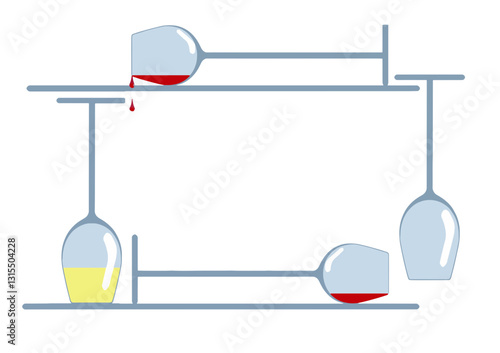 Wine glasses are seen with one spilled and one upside down in a 3-d illustration frame with large text area and copy space isolated on a white background.
