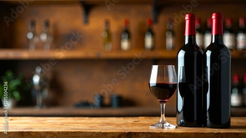 Bottles of red wine on a wooden table. Banner background for winery, bar or shop. with empty copy space