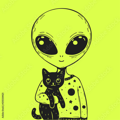 alien with a cat, cute pet and owner illustration