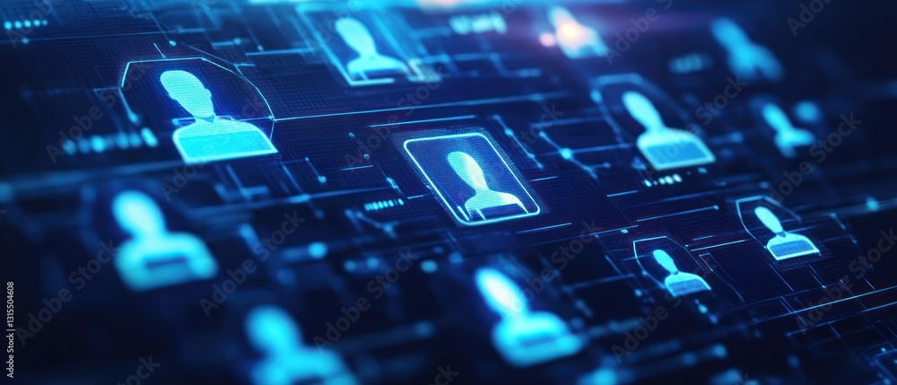 Digital representation of interconnected user profiles in a futuristic network, illustrating technology and social interaction Digital representation of interconnected user profiles in a futuristic network, illustrating technology and social interaction