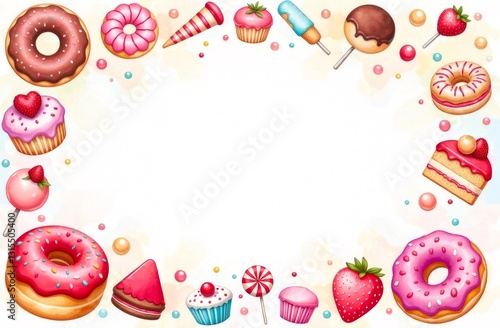 Delicious sweets and desserts frame with empty white background for copy space, watercolor style. Template for holiday and congratulation design. Kids funny sweets border