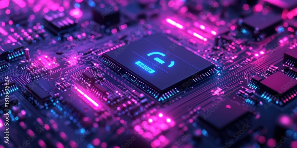 Abstract Close-Up of a Colorful Circuit Board with Microchips and Glowing Lights in Pink and Blue Tones for Technology and Innovation Themes Abstract Close-Up of a Colorful Circuit Board with Microchips and Glowing Lights in Pink and Blue Tones for Technology and Innovation Themes