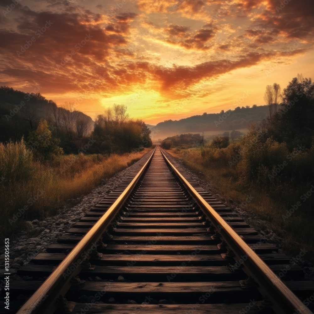 Stunning sunset view along the tranquil railway tracks in a peaceful rural landscape Stunning sunset view along the tranquil railway tracks in a peaceful rural landscape