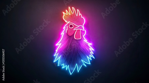 Vibrant neon rooster head sign, colorful, glowing, dark background. photo