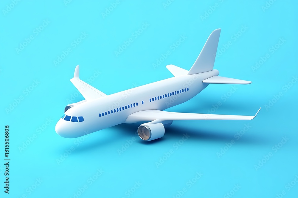 Fototapeta premium Cute cartoon plane icon in 3D with blue portholes 