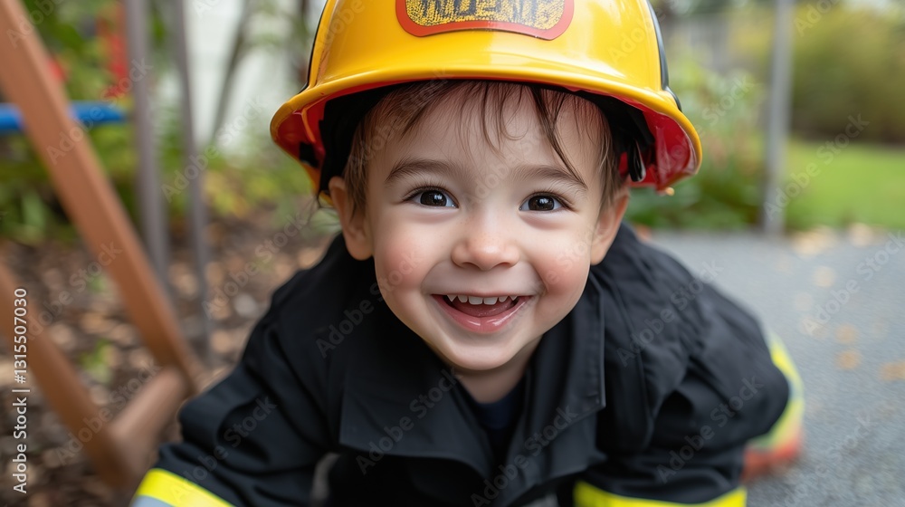 Future Hero: An adorable young child dressed in a firefighter's uniform and helmet, beaming with a heartwarming, joyful smile, captured in a close-up shot. Future Hero: An adorable young child dressed in a firefighter's uniform and helmet, beaming with a heartwarming, joyful smile, captured in a close-up shot.