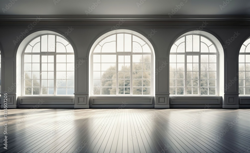 Fototapeta premium the background of an empty room, captured by white windows and wooden floor