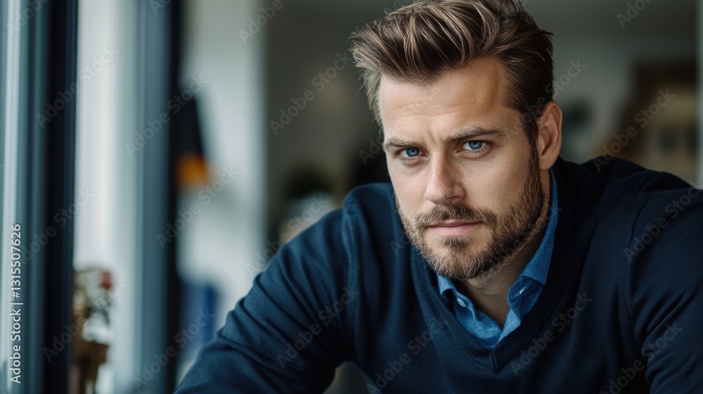 A close-up of a thoughtful man with a beard, wearing a navy sweater and blue collared shirt, seated by a window, This image is suitable for lifestyle blogs, professional articles A close-up of a thoughtful man with a beard, wearing a navy sweater and blue collared shirt, seated by a window, This image is suitable for lifestyle blogs, professional articles