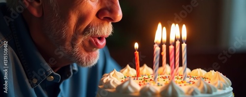 Close up of grandfather blowing out candles on a birthday cake with colorful sprinkles, dessert, aging, family