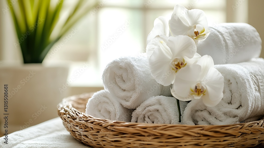 Spa Day Relaxation: White Towels and Orchids in a Wicker Basket Spa Day Relaxation: White Towels and Orchids in a Wicker Basket