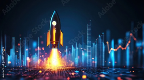Rocket launch with vibrant data visualization background