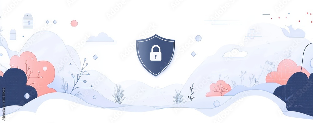Naklejka premium Abstract digital illustration featuring a shield symbolizing security and privacy in a serene landscape with soft colors and stylized nature elements.