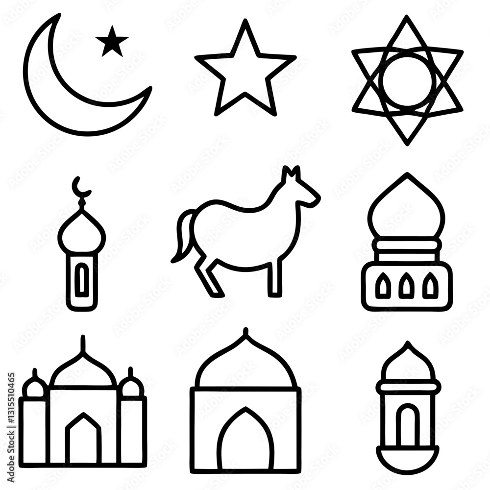 Obraz premium set of Islamic religious symbols Eid al-Fitr or Eid Mubarak vector illustration