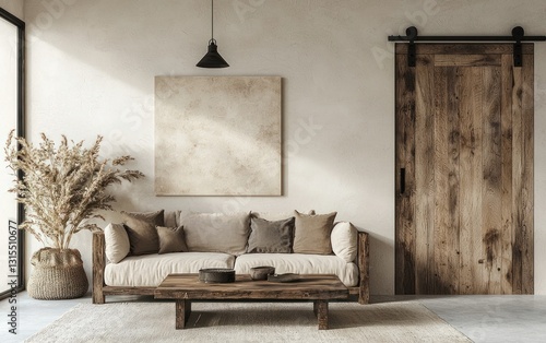 Rustic living room interior design with beige couch, wooden coffee table, sliding barn door, and textured wall. Natural light illuminates the space, creating a calm and inviting atmosphere