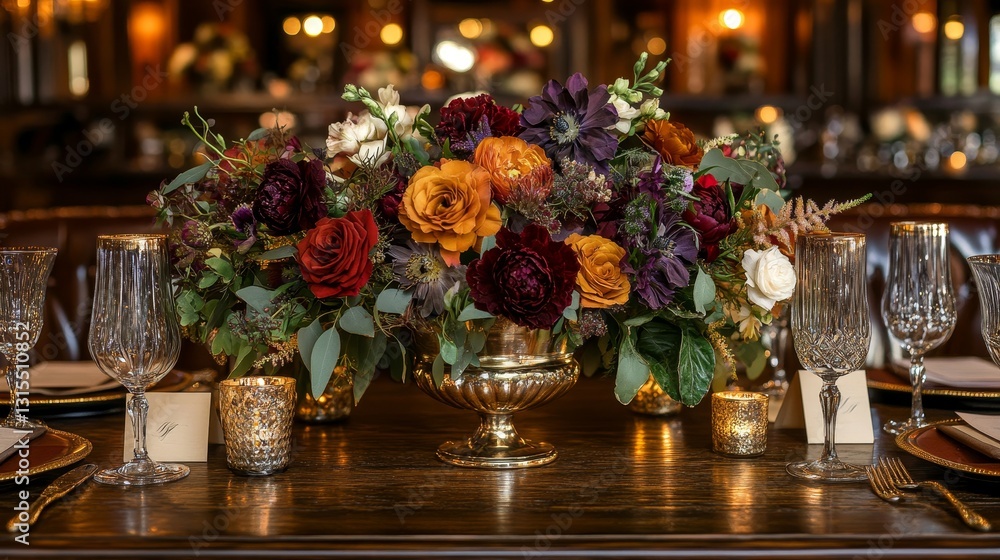 Elegant wedding table setting with vibrant floral arrangements and gold accents, featuring place cards and decorative vases as the centerpiece, symbolizing luxury, romance, and celebration. Elegant wedding table setting with vibrant floral arrangements and gold accents, featuring place cards and decorative vases as the centerpiece, symbolizing luxury, romance, and celebration.