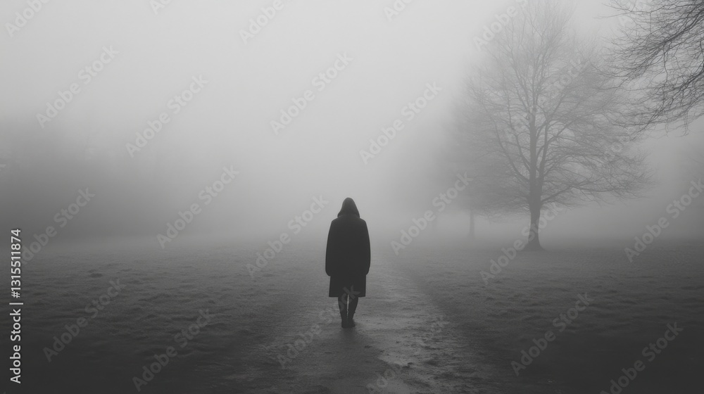 Solitary figure in foggy park, walking path. Solitary figure in foggy park, walking path.