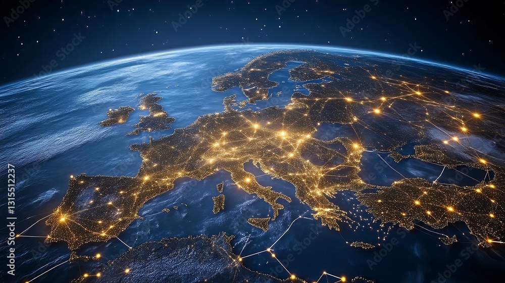European continent depicted from space showing connected city lights European continent depicted from space showing connected city lights