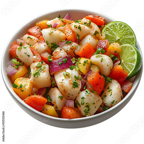 A Caribbean Conch Salad with Diced Peppers and a Bowl of Potato Salad Isolated on Transparent Background