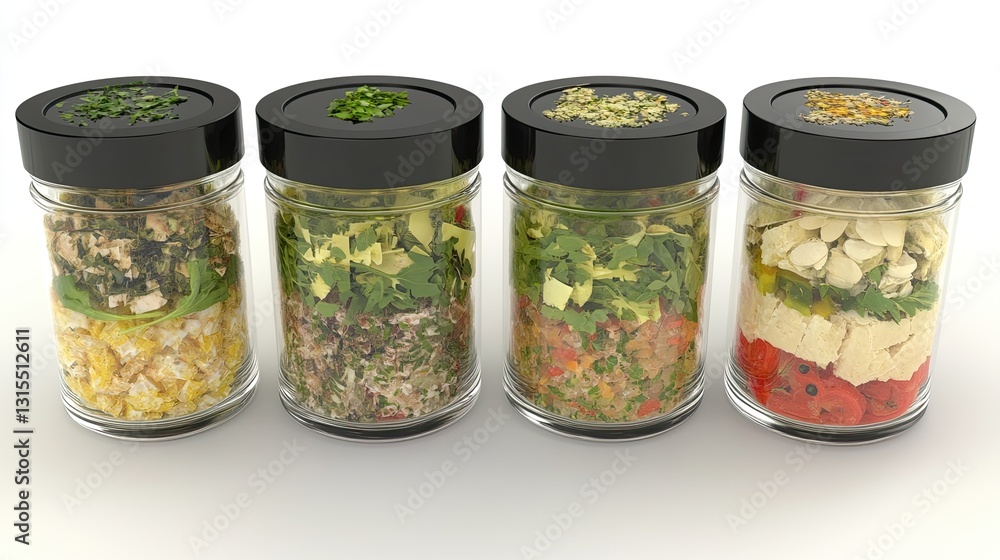Four layered ingredient jars on white background Four layered ingredient jars on white background