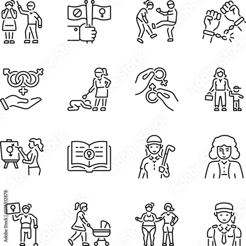 Set of Feminist Stereotypes Linear Icons 