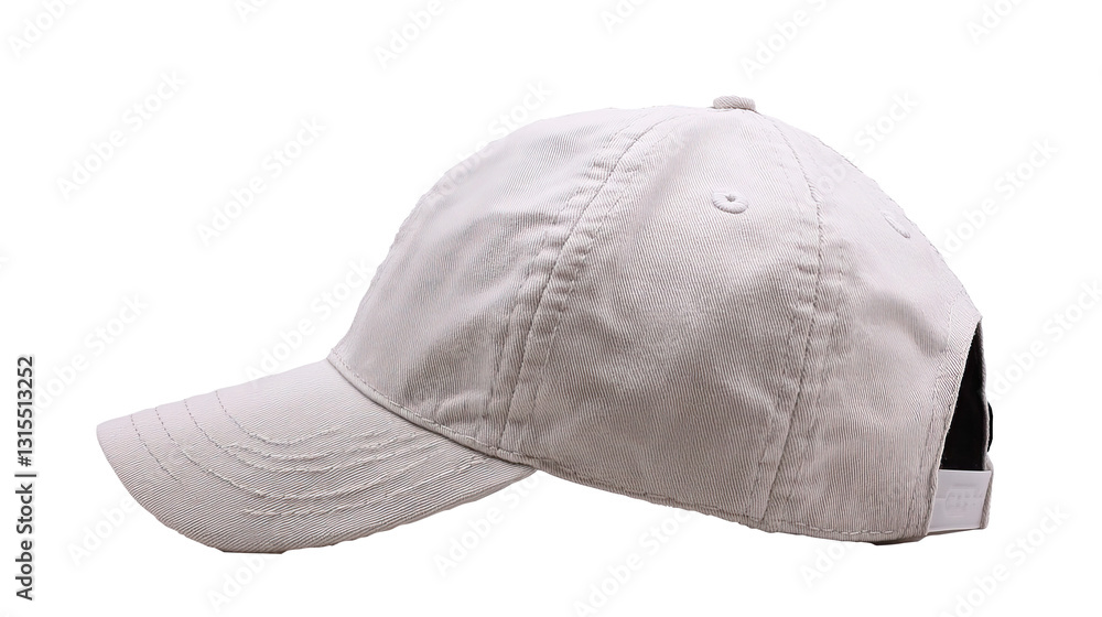 White baseball cap, side view, studio shot, blank, apparel mockup White baseball cap, side view, studio shot, blank, apparel mockup