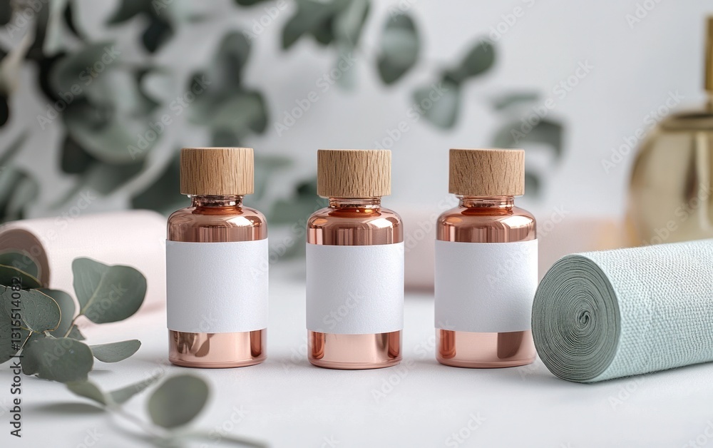 Three rose gold bottles with blank white labels and cork tops arranged on a white surface. Greenery and other decorative elements are in the background Three rose gold bottles with blank white labels and cork tops arranged on a white surface. Greenery and other decorative elements are in the background