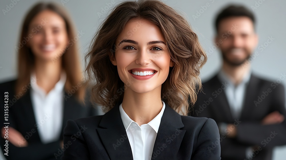 Confident businesswoman smiling, team background Confident businesswoman smiling, team background