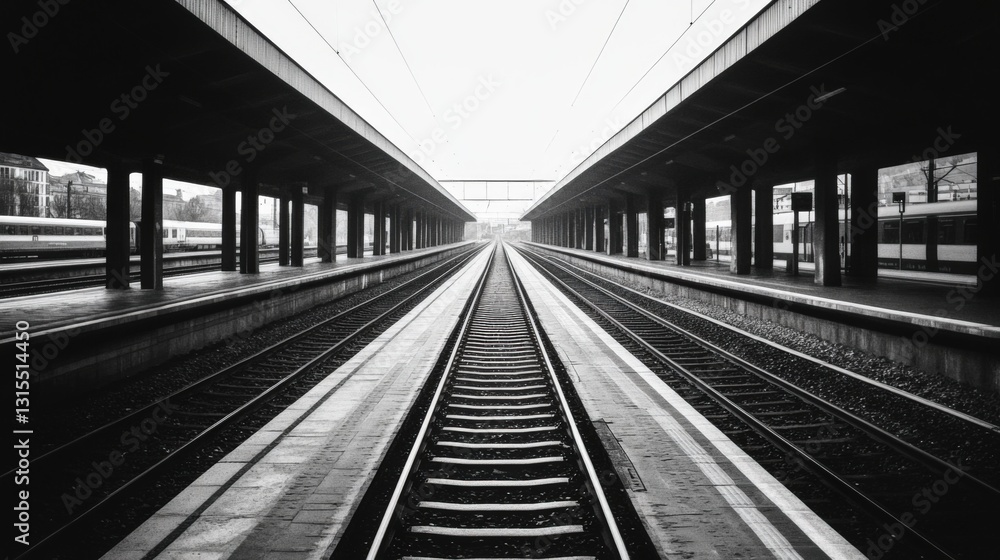 Black and white photo of train station platform with converging tracks.